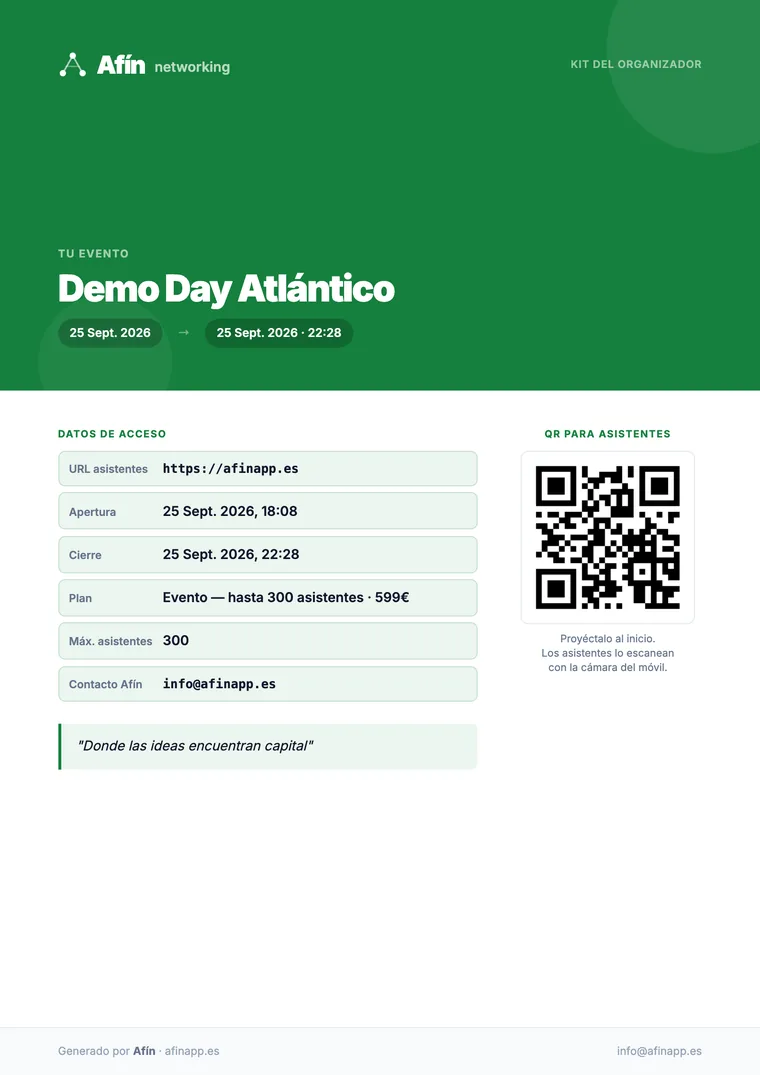 Portada del kit del organizador de un evento de demostración, con el QR para los asistentes